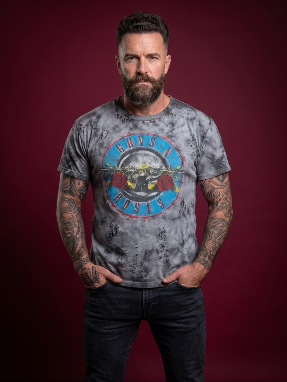 Distressed Guns and Roses Tie Dyed T-Shirt L